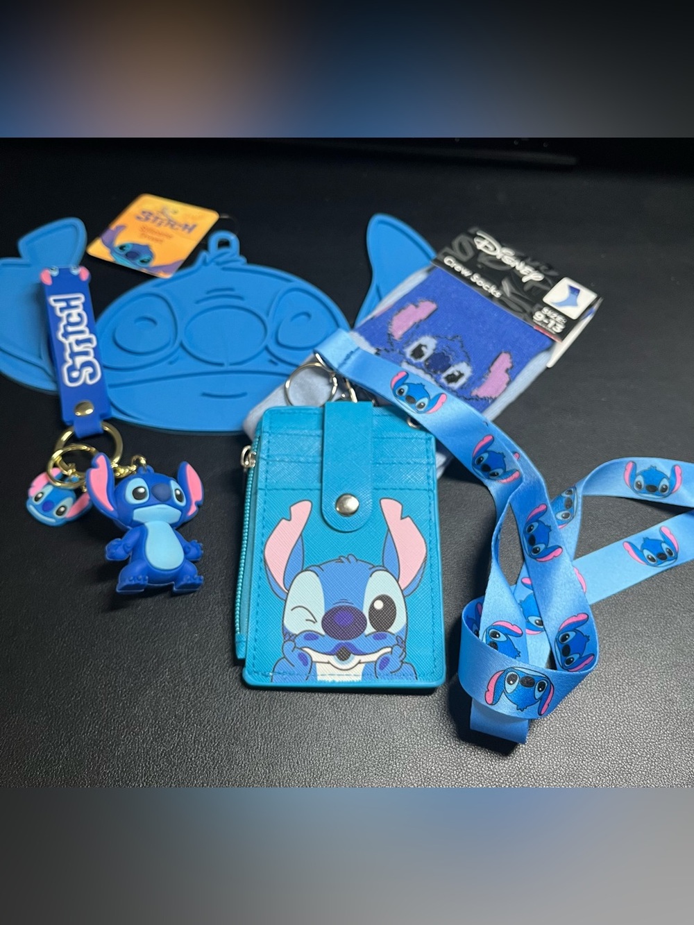 Disney Blue Stitch Bundle-Keychain/Bag Charm, Socks, Trivet & Lanyard card case